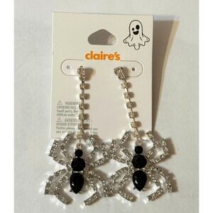 Halloween Silver & Black Bejeweled Rhinestone Spider Drop‎ Dangle Earrings Goth